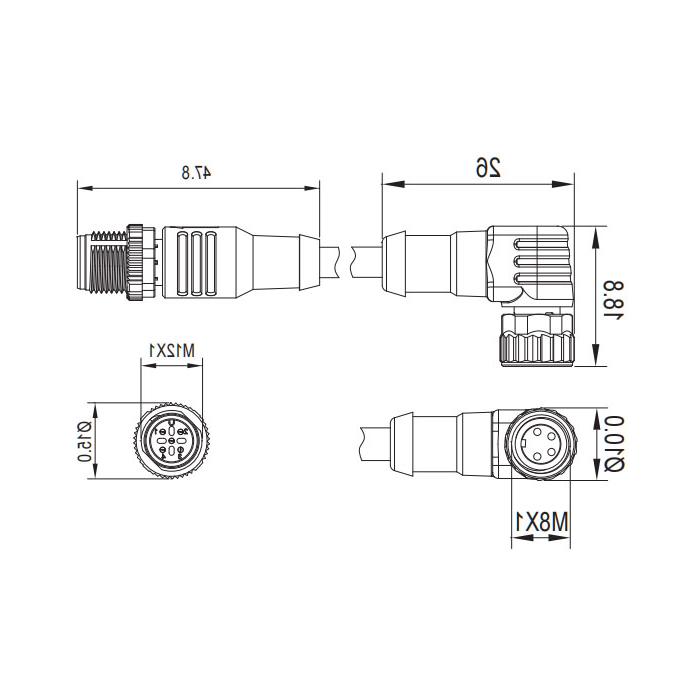 M8转M12 4Pin、M8母头90°带LED灯转M12公头直型、双端预铸PVC非柔性电缆、灰色护套、63D303-XXX